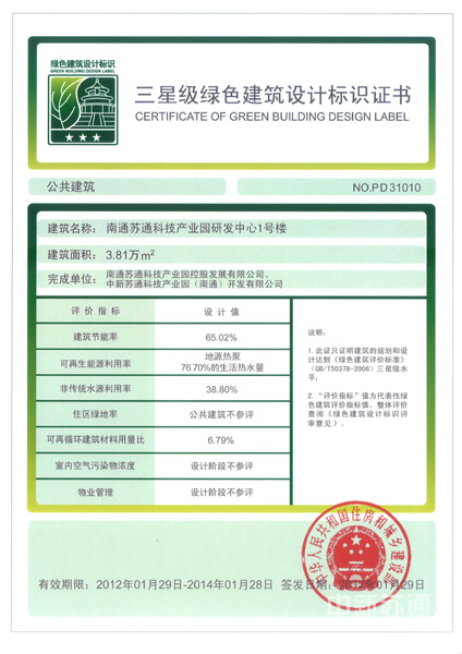 2012年1月29日，由我公司代建的南通苏通科技产业园研发中心1号楼荣获三星级绿色建筑设计标识证书